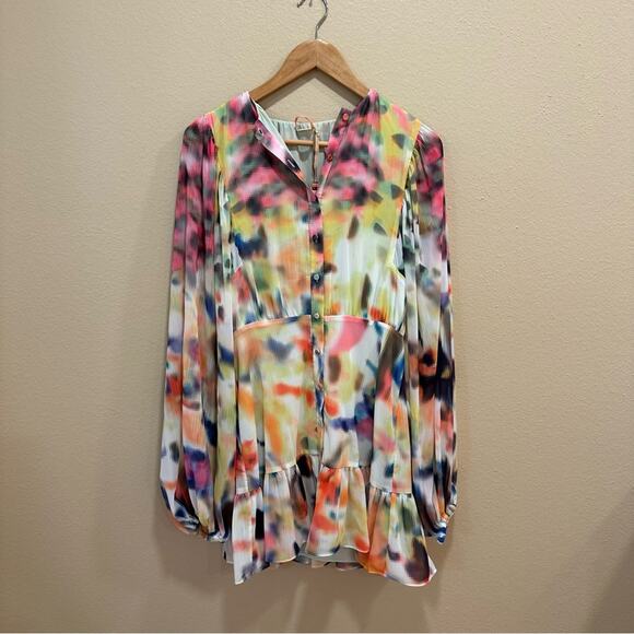 NWT Alexis Pink Multicolored Watercolor Long Sleeve Mini Dress Medium - Picture 12 of 14